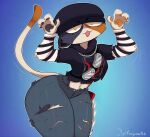  2022 4_fingers absurd_res anthro armwear black_beanie black_clothing black_hoodie black_topwear blue_background calico_cat canister caramelldansen cellphone clothing domestic_cat epic_games felid feline felis female fingers fortnite fragomatesh fur gradient_background hi_res hoodie mammal meme meow_skulls_(fortnite) midriff mottled multicolored_body multicolored_fur pattern_armwear pattern_clothing phone piebald sardine_tin signature simple_background sleeves smartphone solo striped_armwear striped_clothing stripes topwear torn_clothing video_games 