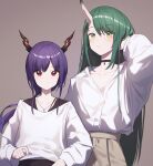  2girls absurdres alternate_costume alternate_hairstyle arknights beudelb black_choker breasts brown_background brown_skirt ch&#039;en_(arknights) choker cleavage closed_mouth collarbone dragon_horns green_hair highres horns hoshiguma_(arknights) jewelry long_hair long_sleeves looking_at_viewer low_ponytail multiple_girls necklace oni_horns purple_hair red_eyes shirt simple_background single_horn skin-covered_horns skirt upper_body very_long_hair white_shirt yellow_eyes 