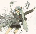  :d android aqua_hair cable damaged hatsune_miku heart jacket long_hair machine mechanical_parts miniskirt mizu_denpa musical_note open_mouth outstretched_arms parts_exposed sharp_teeth skirt smile solo spread_arms teeth torn_clothes twintails vocaloid 