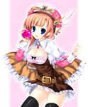  atelier_(series) atelier_rorona black_legwear blue_eyes breasts brown_dress cleavage dress hat medium_breasts mikeou panties pink_background red_hair rororina_fryxell thighhighs underwear white_panties yatano 