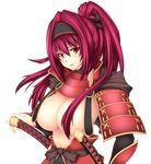  armor breasts cleavage headband highres japanese_armor katana large_breasts long_hair navel open_mouth original pink_eyes pink_hair ponytail samurai shoulder_armor sode solo sword topless transparent_background weapon yui.h 