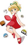  arm_cannon artist_request blonde_hair green_eyes highres metool ponytail power-up red_skirt rockman rockman_(character) roll skirt weapon 