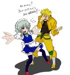  1girl crossover dio_brando drawfag english headband heart izayoi_sakuya jacket jojo_no_kimyou_na_bouken pose power_connection silver_hair thighhighs touhou white_background yellow_jacket 