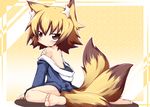  animal_ears barefoot bottomless brown_eyes brown_hair feet fox_ears looking_back multiple_tails original reku sanbi_(reku) short_hair sitting solo tail 