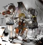  absurdres bow_(instrument) cello dress grand_piano hecatoncheir highres instrument multiple_girls music original piano piano_bench shoes single_shoe sitting uturo violin 