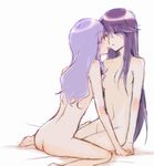  ass barefoot blue_hair breasts closed_eyes heartcatch_precure! holding_hands imminent_kiss kurumi_momoka long_hair multiple_girls navel nipples nude precure profile purple_hair sekihara_umina simple_background sitting sketch small_breasts tsukikage_yuri very_long_hair wariza yokozuwari yuri 