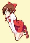  :3 bow brown_hair full_body gegege_no_kitarou hair_bow highres mary_janes nekomusume nekomusume_(gegege_no_kitarou_5) no_socks orange_eyes shoes short_hair simple_background solo tanabe_kyou 