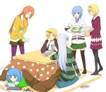  alice_margatroid alternate_costume bad_id bad_pixiv_id beer_can black_legwear blonde_hair blue_hair braid brown_legwear can contemporary hairband handheld_game_console hong_meiling horn hoshiguma_yuugi kamishirasawa_keine kawashiro_nitori kotatsu kumoi_ichirin multiple_girls nintendo_ds oven_mitts pantyhose plate pokemon pokemon_(game) pokemon_bw ponytail purple_legwear red_hair stage_connection table touhou twin_braids twintails two_side_up under_kotatsu under_table yuzuki_(rinka01) 