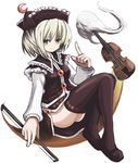  bad_id bad_pixiv_id black_legwear blonde_hair bow_(instrument) crescent expressionless green_eyes hat instrument long_sleeves lunasa_prismriver pointing short_hair sitting solo thighhighs touhou violin wasabi_karasi yellow_eyes 