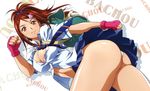 ass bachou_mouki backpack bag bangs bent_over bra breasts brown_hair buttons character_name cleavage clenched_hands cowboy_shot dutch_angle earrings fingerless_gloves from_side gloves hair_ornament hairclip highres ikkitousen ikkitousen_xtreme_xecutor jewelry large_breasts light_smile long_hair looking_at_viewer magatama magatama_earrings midriff miniskirt necktie official_art open_clothes open_shirt orange_eyes panties pantyshot parted_bangs pink_bra pink_gloves pleated_skirt rin-sin scan school_uniform shadow shiny shiny_skin shirt short_sleeves single_earring skirt sleeve_cuffs smile solo striped swept_bangs thick_thighs thighs topknot unbuttoned underwear white_background white_panties wing_collar 