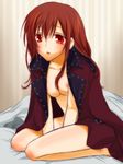  after_sex aragaki_shinjirou bed blush breasts brown_hair female_protagonist_(persona_3) hair_down ichimatsu_shiro long_hair nipples nude persona persona_3 persona_3_portable red_eyes small_breasts solo trench_coat 