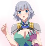  arado_balanga blue_eyes blush braid breast_grab breasts cleavage deep_skin grabbing guided_breast_grab hair_ornament hairclip large_breasts open_mouth ribonzu seolla_schweizer short_hair silver_hair simple_background solo_focus super_robot_wars super_robot_wars_original_generation wrist_grab 