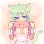  animal_ears blue_eyes breasts cat_ears cat_tail chaudlapin cleavage elephant green_hair medium_breasts original solo tail 
