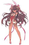 1girl :o bangs bare_shoulders blade_(galaxist) blush breastless_clothes breasts brown_gloves brown_hair brown_neckwear elbow_gloves eyebrows_visible_through_hair full_body gloves hair_between_eyes hair_ribbon hairband heart_pasties leotard long_hair looking_at_viewer mizuki_yukikaze necktie one-piece_tan open_mouth partly_fingerless_gloves pasties pink_footwear pink_ribbon purple_eyes red_hairband red_leotard ribbon simple_background small_breasts solo standing taimanin_(series) taimanin_yukikaze tan tanline two_side_up very_long_hair white_background 