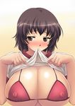  bikini blush breasts brown_hair cleavage copyright_request covered_nipples huge_breasts mouth_hold nishiyama_maruta shirt_lift short_hair solo swimsuit 