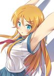  aqua_eyes armpits arms_up bad_id bad_pixiv_id blonde_hair blue_skirt blush ekusa_takahito eyebrows_visible_through_hair hair_ornament hairclip highres kousaka_kirino long_hair looking_at_viewer orange_hair ore_no_imouto_ga_konna_ni_kawaii_wake_ga_nai school_uniform serafuku skirt solo 