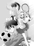  2girls greyscale hairband ito kudou_shin'ichi long_hair meitantei_conan monochrome mouri_ran multiple_girls ponytail short_hair soccer suzuki_sonoko tennis 