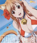  adjusting_hair animal_ears artist_request asobi_ni_iku_yo! assist-a-roid beach bell bikini breasts cat_ears cleavage day eris_(asobi_ni_iku_yo!) flower front-tie_top hair_flower hair_ornament hand_in_hair hibiscus highres jingle_bell large_breasts official_art open_mouth red_eyes solo swimsuit tail 