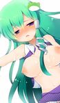  bad_id bad_pixiv_id blue_eyes blush breasts cum cum_on_body cum_on_breasts cum_on_upper_body frog green_hair hair_ornament harawata kochiya_sanae long_hair medium_breasts nipples no_bra open_clothes open_shirt shirt solo touhou 