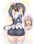  &gt;_&lt; :d ass atelier_(series) atelier_totori black_hair blush blush_stickers brown_hair closed_eyes inset jewelry long_hair looking_back mimi_houllier_von_schwarzlang multiple_girls open_mouth ryo side_cutout smile thigh_gap thighhighs totooria_helmold white_legwear xd 
