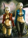  banned_artist blue_eyes breasts cleavage covered_nipples dante_(devil_may_cry) devil_may_cry fingerless_gloves front-tie_top genderswap genderswap_(mtf) gloves hair_over_one_eye highres holding_hands large_breasts long_hair looking_at_viewer midriff multiple_girls navel no_bra parted_lips rebellion_(sword) shirt short_hair short_shorts shorts siblings silver_hair skindentation sword thigh_gap thighhighs tied_shirt torn_clothes twins vergil weapon yamato_(sword) yinan_cui 