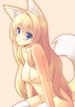  animal_ears blonde_hair blue_eyes blush breasts fox_ears fox_tail long_hair medium_breasts nanashi_(soregashi) navel nipples nude original sitting solo tail thighhighs very_long_hair white_legwear 