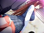  ass blush breasts brown_eyes brown_hair chikan_sen'you_sharyou covered_nipples dutch_angle game_cg hoshisaki_miku koizumi_amane large_breasts long_hair panties pantyshot ribbon school_uniform skirt skirt_lift smile solo underwear uniform white_panties 