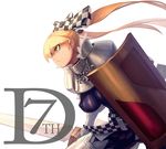  7th_dragon 7th_dragon_(series) armor berich_(7th_dragon) blonde_hair bow breasts checkered covered_nipples hair_bow highres kinggainer knight_(7th_dragon) large_breasts long_hair ponytail shield solo sword weapon yellow_eyes 
