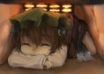  animal_ears bad_id bad_pixiv_id brown_hair cat_ears cat_tail chen closed_eyes earrings happy hat hayake_(chenran) highres jewelry kotatsu lying multiple_tails on_stomach resized short_hair sketch smile solo table tail touhou under_kotatsu under_table upscaled 