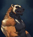  anthro hair hi_res male mammal movd muscular sharp_teeth shirtless simple_background smile solo teeth whiskers 