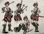  1girl bagpipes blood blood_on_weapon body_freckles boots breasts cleavage dirk drum freckles green_eyes hat highres ho-uja instrument kilt leggings original plaid red_hair scabbard scar scotland sheath short_hair smile solo sword weapon 
