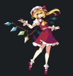  1girl 4qw5 black_background blonde_hair bobby_socks commentary crystal_wings flandre_scarlet frilled_headwear frilled_skirt frills full_body hat highres long_hair mary_janes mob_cap open_mouth pixel_art puffy_short_sleeves puffy_sleeves red_eyes red_footwear red_shirt red_skirt shirt shoes short_sleeves skirt smile socks solo touhou white_headwear white_sleeves white_socks wrist_cuffs 