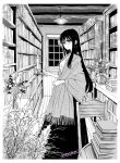  1girl bangs book book_stack bookshelf bookstore border breasts candle chair closed_mouth clothing_request commentary fire flower glasses greyscale happy himawari-san himawari-san_(character) holding holding_candle indoors lamp long_hair long_skirt long_sleeves looking_at_viewer medium_breasts monochrome night open_clothes plant shirt shop signature skirt smile solo standing star_(sky) sugano_manami vase white_border wide_sleeves window wooden_floor wooden_wall 