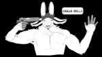  anthro baseball_cap black_background bovid caprine clothing front_view fur goat gun gun_to_head handgun hat headgear headwear hi_res horn male mammal monochrome muscular open_mouth pistol ranged_weapon screentone simple_background smile solo text weapon white_body white_fur yazata 