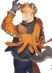  1boy animal_ears back black_pants blonde_hair blush cropped_jacket granblue_fantasy green_eyes higashigunkan jacket male_focus official_alternate_costume one_eye_closed orange_jacket pants short_hair simple_background smile solo tail teeth vane_(granblue_fantasy) vane_(halloween)_(granblue_fantasy) white_background wolf_boy wolf_ears wolf_paws wolf_tail 