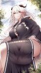  1girl absurdres aegir_(azur_lane) alternate_costume armband ass azur_lane bangs black_dress blurry blurry_background breasts brown_eyes dragon_horns dress feet_out_of_frame german_flag grin hand_on_hip highres horns large_breasts long_hair looking_at_viewer multicolored_hair open_mouth parted_lips samip sideboob sitting smile solo streaked_hair thighs tree very_long_hair white_hair 