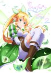  1girl blonde_hair boots braid breasts brown_footwear cape character_name cleavage closed_mouth detached_sleeves elf floating_hair green_cape green_eyes hair_ornament high_ponytail highres ken-ji knee_boots large_breasts leafa long_hair long_sleeves pointy_ears shiny shiny_hair shorts smile solo sword_art_online thighhighs twin_braids underbust v very_long_hair waist_cape white_shorts white_sleeves white_thighhighs zettai_ryouiki 