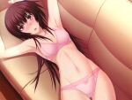  1girl armpits ass_visible_through_thighs bangs bare_arms blush bra breasts brown_hair cleavage collarbone couch from_above game_cg groin hair_between_eyes kawagishi_keitarou long_hair looking_at_viewer lying maji_de_watashi_ni_koi_shinasai! matsunaga_tsubame navel on_back open_mouth panties pink_bra pink_panties red_eyes ribbon_bra ribbon_panties shiny shiny_hair shiny_skin small_breasts solo sweatdrop thigh_gap underwear underwear_only very_long_hair 