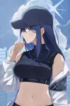  1girl absurdres bare_shoulders baseball_cap black_headwear blue_archive blue_eyes blue_hair blue_sky blush breasts closed_mouth cloud crop_top day halo hat highres jacket large_breasts long_hair long_sleeves navel off_shoulder open_clothes open_jacket outdoors riel_(ataraxia2334) saori_(blue_archive) sideways_glance sky solo stomach upper_body white_jacket 