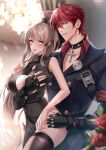  1boy 1girl ahoge bare_shoulders black_dress black_thighhighs blonde_hair blue_eyes blurry blurry_foreground blush breast_hold breasts cain_art811 covered_navel dress fingerless_gloves flower gloves highres jewelry king_(tower_of_fantasy) large_breasts long_hair necklace open_mouth ponytail red_hair rose samir_(tower_of_fantasy) short_hair thighhighs thighs tower_of_fantasy yellow_eyes 