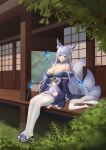  2girls absurdres animal_ear_fluff animal_ears architecture azur_lane blue_butterfly blue_choker blue_collar blue_kimono bug building butterfly choker collar east_asian_architecture fox_ears fox_girl fox_tail grass highres house japanese_clothes kimono kitsune kyuubi large_tail long_hair lying multiple_girls multiple_tails outdoors purple_eyes sandals shinano_(azur_lane) sitting skirt skirt_under_kimono sleeping sliding_doors tail thighhighs tree uh9 very_long_hair white_hair white_skirt white_tail white_thighhighs wrist_flower 