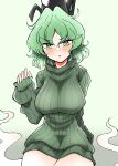  1girl absurdres bangs black_headwear breasts bright_pupils ghost_tail green_eyes green_hair green_sweater gurajio hat highres large_breasts long_sleeves looking_at_viewer short_hair simple_background sitting soga_no_tojiko solo sweater tate_eboshi touhou white_background white_pupils 