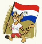  andromorph anthro asu2022 black_dots black_ears black_pawpads brown_body brown_fur flag fur furry_ears hi_res holding_flag holding_object intersex male morgutts mountain_cat olympic_mascot olympics paraguayan_flag pawpads pink_nose simple_background smile solo solo_focus tirika white_background 