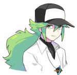  1boy bad_id bad_twitter_id baseball_cap black_shirt collared_jacket dede_(qwea_00000) green_eyes green_hair hat long_hair looking_at_viewer male_focus n_(pokemon) pokemon pokemon_(game) pokemon_bw ponytail shirt simple_background smile solo upper_body white_background 