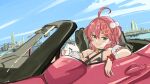  1girl :3 ahoge anno_masato bell blue_sky blush bridge building car cat cloud collar crying frills green_eyes ground_vehicle hair_ornament hairpin highres hololive looking_at_viewer medium_hair motor_vehicle pink_hair red_hair sakura_miko sketch sky skyscraper smile solo virtual_youtuber 