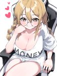  1girl blonde_hair blush braid breasts brown_eyes chair cleavage clenched_teeth collarbone copyright_request glasses hair_between_eyes heart highres large_breasts long_hair looking_at_viewer on_chair round_eyewear shiny shiny_hair shirt short_sleeves simple_background sitting smile solo t-shirt teeth thighs tosyeo twin_braids white_background white_shirt 