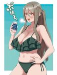  1girl =3 absurdres alcohol alternate_hairstyle aqua_background bangs bare_arms bare_shoulders bikini border breasts brown_hair can cleavage collarbone commentary_request cowboy_shot dated_commentary frilled_bikini frills glasses gradient gradient_background green_bikini hair_between_eyes halterneck hand_up highres holding holding_can large_breasts long_hair looking_away lower_teeth lycoris_recoil mabuta_kayumi nakahara_mizuki navel one_eye_closed open_mouth outside_border over-rim_eyewear ponytail red-framed_eyewear semi-rimless_eyewear side-tie_bikini_bottom sidelocks skindentation solo standing stomach swimsuit teeth translation_request very_long_hair white_border yellow_eyes 