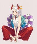  1girl bare_shoulders blue_hair blush commentary_request curled_horns earrings grey_background grey_hair hair_ornament hair_stick hakama highres hoop_earrings horns japanese_clothes jewelry kimono long_hair looking_at_viewer multicolored_hair one_piece oni oni_horns ponytail red_hakama red_horns rope sandals shimenawa simple_background sitting sleeveless sleeveless_kimono solo tsuki0425 two-tone_hair white_kimono yamato_(one_piece) 