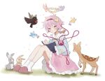  1girl :&lt; animal bird blue_shirt cat crow floral_print frilled_sleeves frills hair_ornament hairband heart heart_hair_ornament heart_of_string highres komeiji_satori multiple_tails pink_hair pink_skirt rabbit reiuji_utsuho reiuji_utsuho_(bird) rose_print shirt skirt slippers solo sorani_(kaeru0768) string tail third_eye touhou wide_sleeves yellow_shirt 