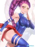  1girl alternate_costume blue_leotard blue_sleeves blue_thighhighs braid breasts breasts_apart cosplay detached_sleeves etchimune fire_emblem fire_emblem:_three_houses high_ponytail leotard long_hair long_sleeves looking_at_viewer makeup marvel mascara parted_lips petra_macneary psylocke psylocke_(cosplay) purple_hair shiny shiny_hair skin_tight skindentation solo thigh_strap thighhighs twitter_username very_long_hair yellow_eyes 